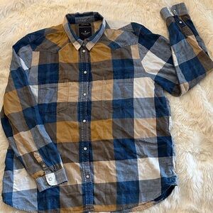 American Eagle Outfitters Blue and Tan Plaid Shirt